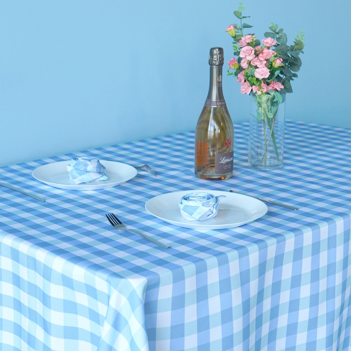 60" x 84" Rectangle Premium Waterproof Polyester Tablecloth - Light Blue & White Gingham
