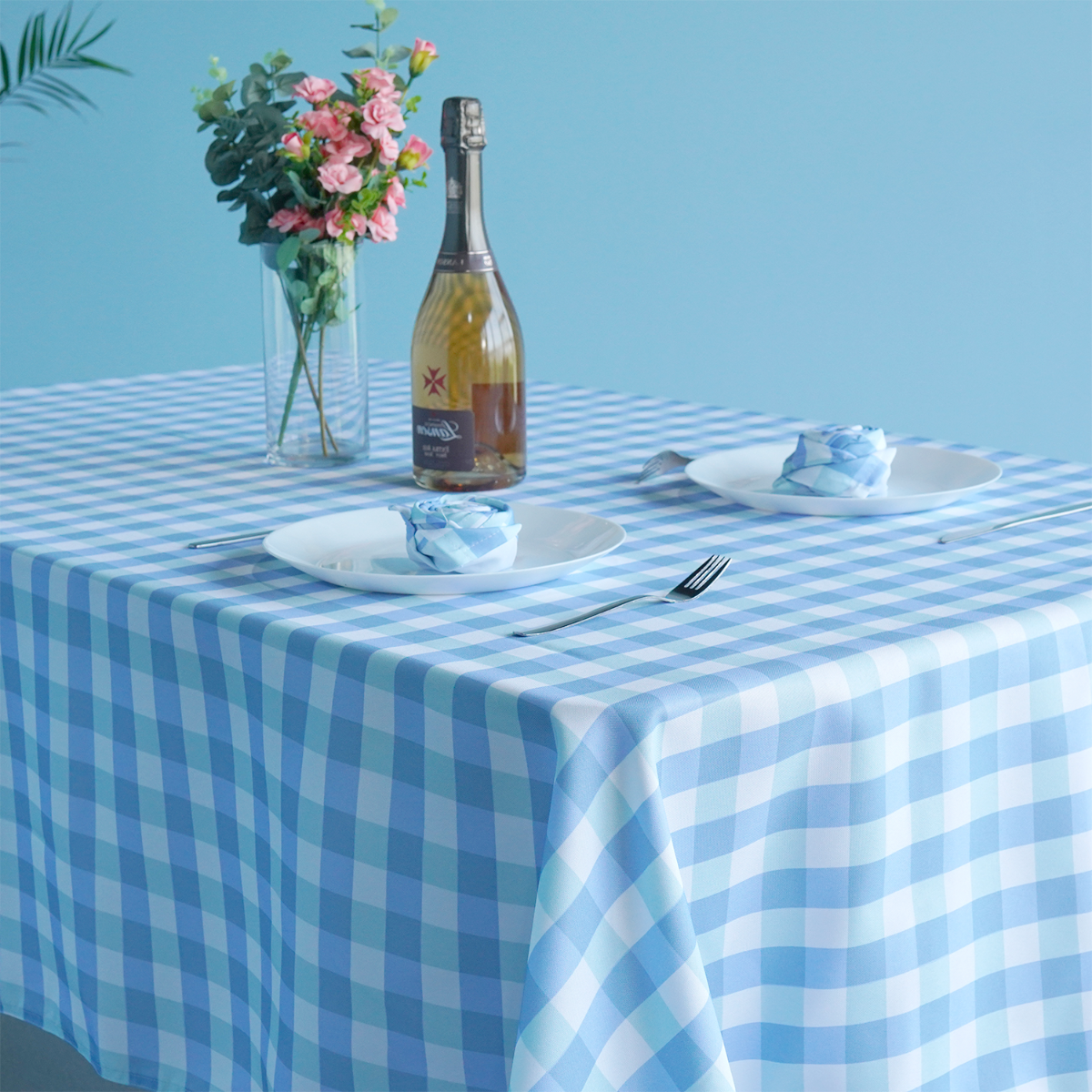 60" x 84" Rectangle Premium Waterproof Polyester Tablecloth - Light Blue & White Gingham