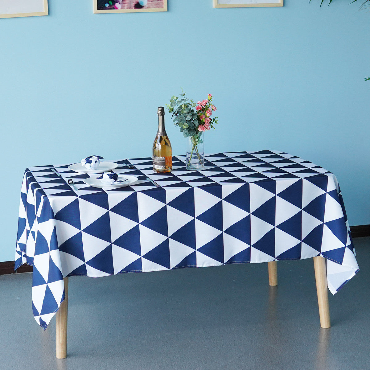 60" x 84" Rectangle Premium Waterproof Polyester Tablecloth - Blue & White Geometric Triangle