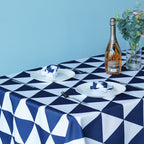 60" x 84" Rectangle Premium Waterproof Polyester Tablecloth - Blue & White Geometric Triangle