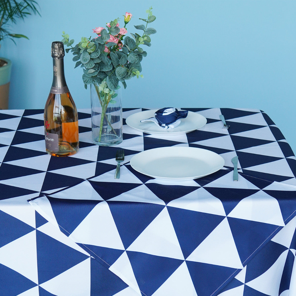 60" x 84" Rectangle Premium Waterproof Polyester Tablecloth - Blue & White Geometric Triangle