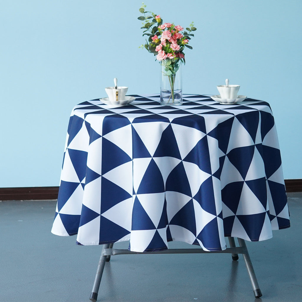70" Round Premium Waterproof Polyester Tablecloth - Blue & White Geometric Triangle