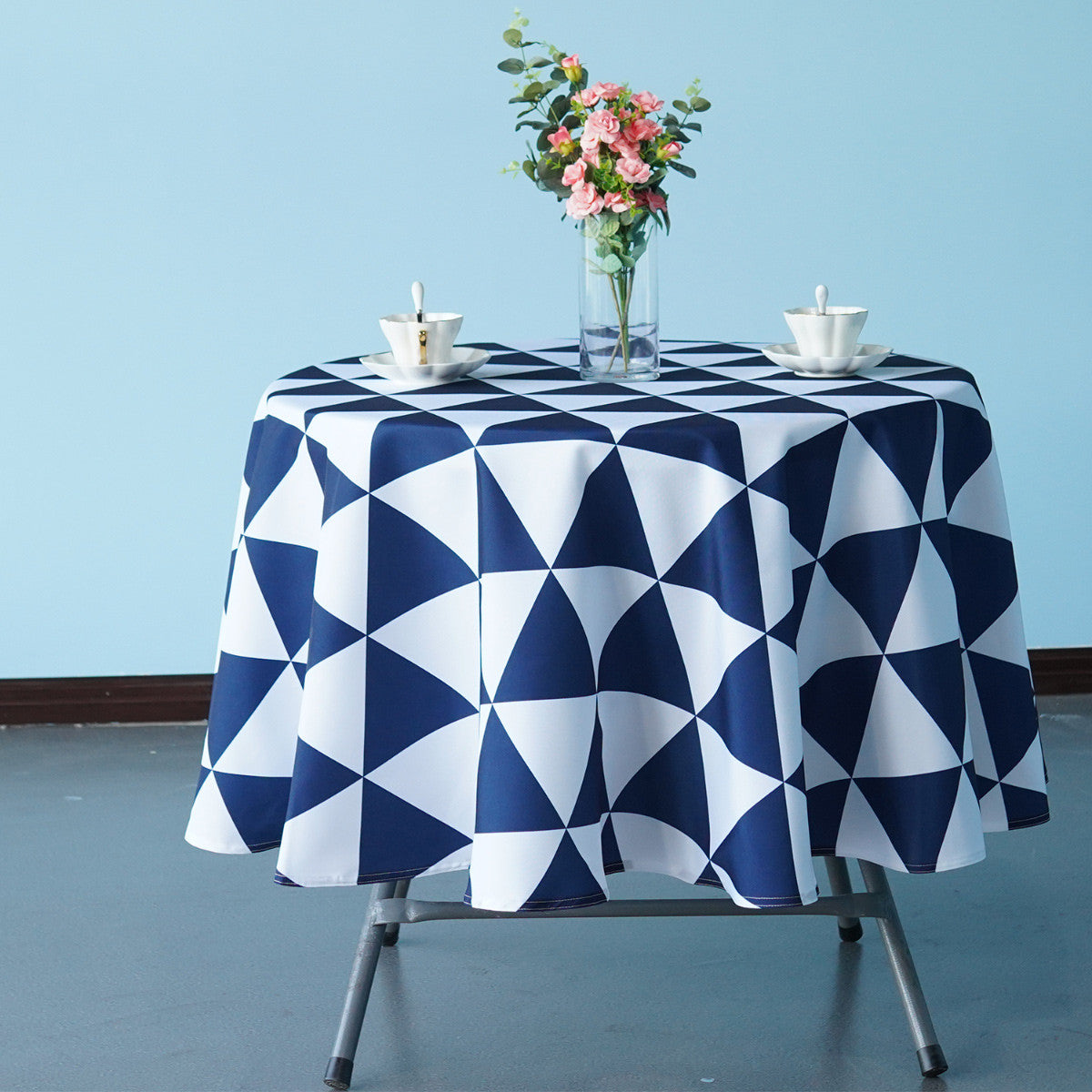 70" Round Premium Waterproof Polyester Tablecloth - Blue & White Geometric Triangle