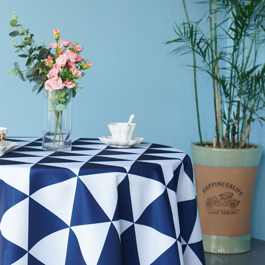 70" Round Premium Waterproof Polyester Tablecloth - Blue & White Geometric Triangle