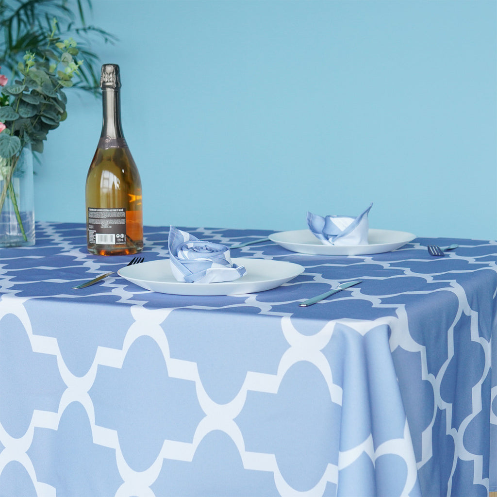 60" x 84" Rectangle Premium Waterproof Polyester Tablecloth - Blue with White Geometic Cross & Star Shapes