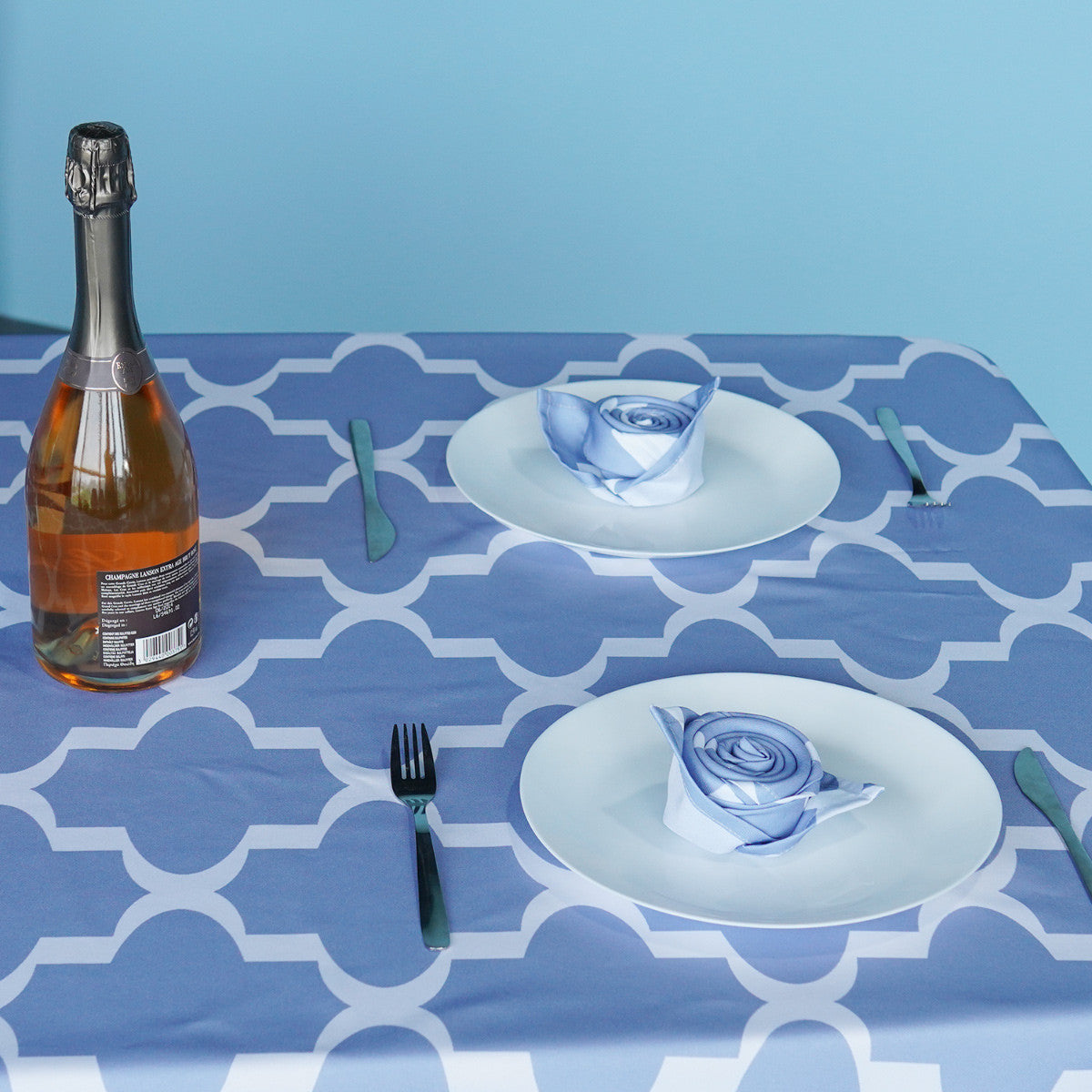 60" x 84" Rectangle Premium Waterproof Polyester Tablecloth - Blue with White Geometic Cross & Star Shapes