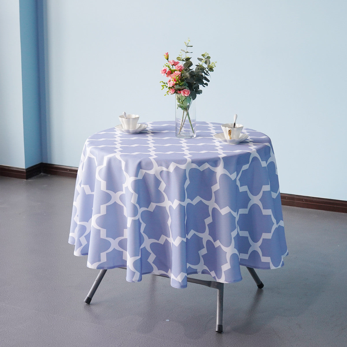 70" Round Premium Waterproof Polyester Tablecloth - Blue with White Geometic Cross & Star Shapes