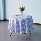 70" Round Premium Waterproof Polyester Tablecloth - Blue with White Geometic Cross & Star Shapes