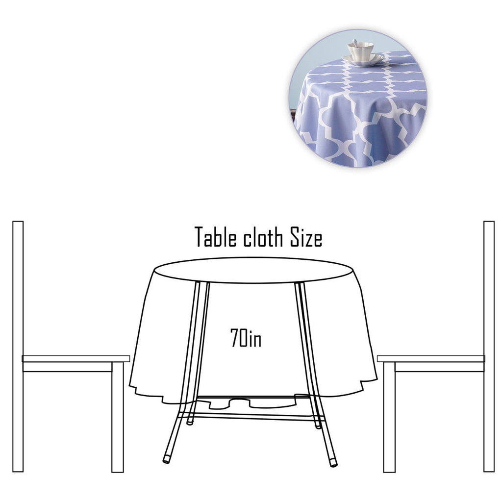 70" Round Premium Waterproof Polyester Tablecloth - Blue with White Geometic Cross & Star Shapes