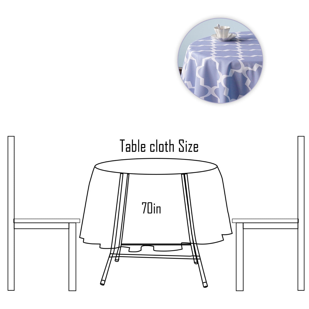 70" Round Premium Waterproof Polyester Tablecloth - Blue with White Geometic Cross & Star Shapes
