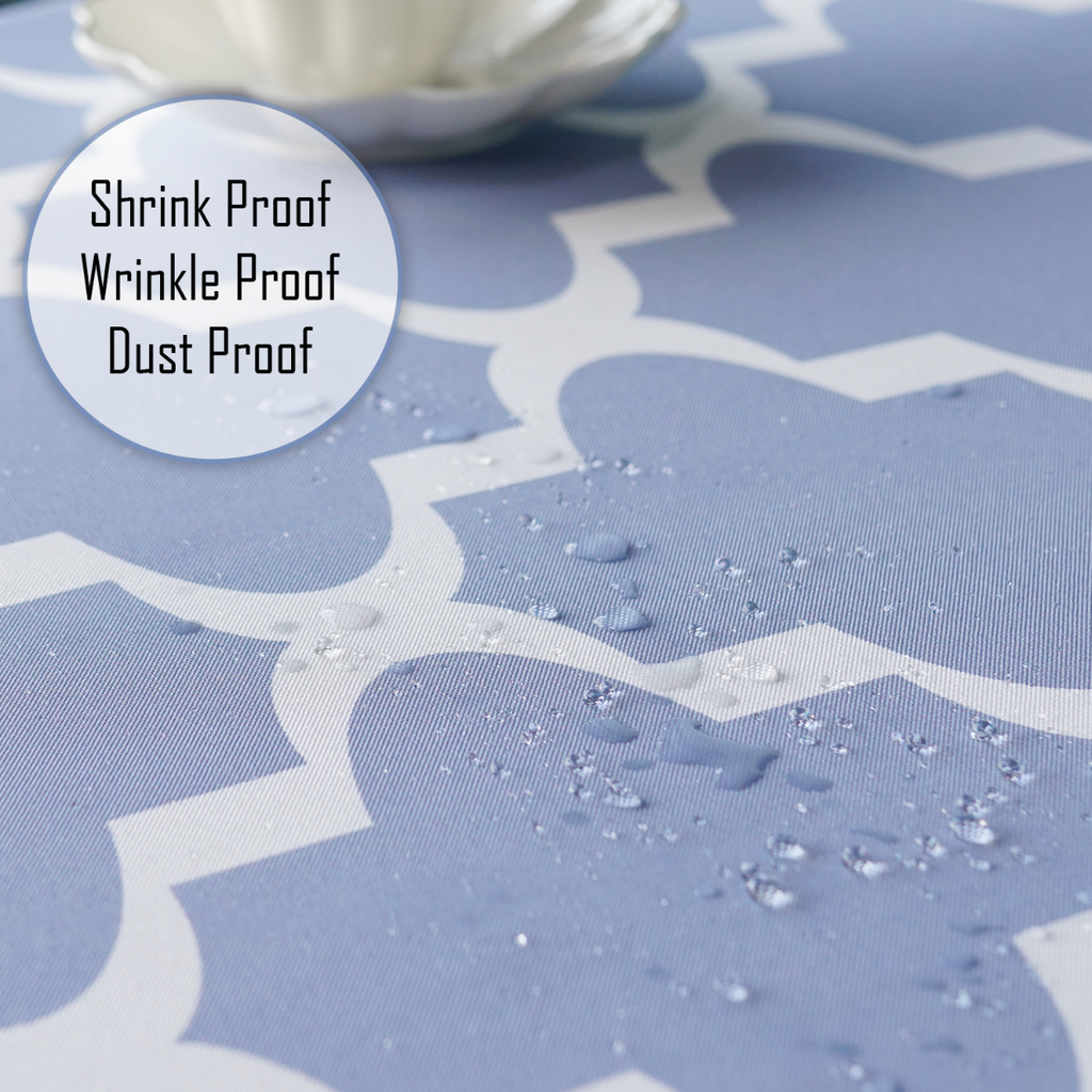 70" Round Premium Waterproof Polyester Tablecloth - Blue with White Geometic Cross & Star Shapes