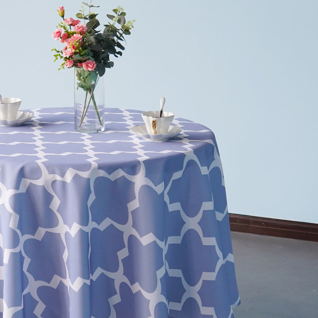 70" Round Premium Waterproof Polyester Tablecloth - Blue with White Geometic Cross & Star Shapes