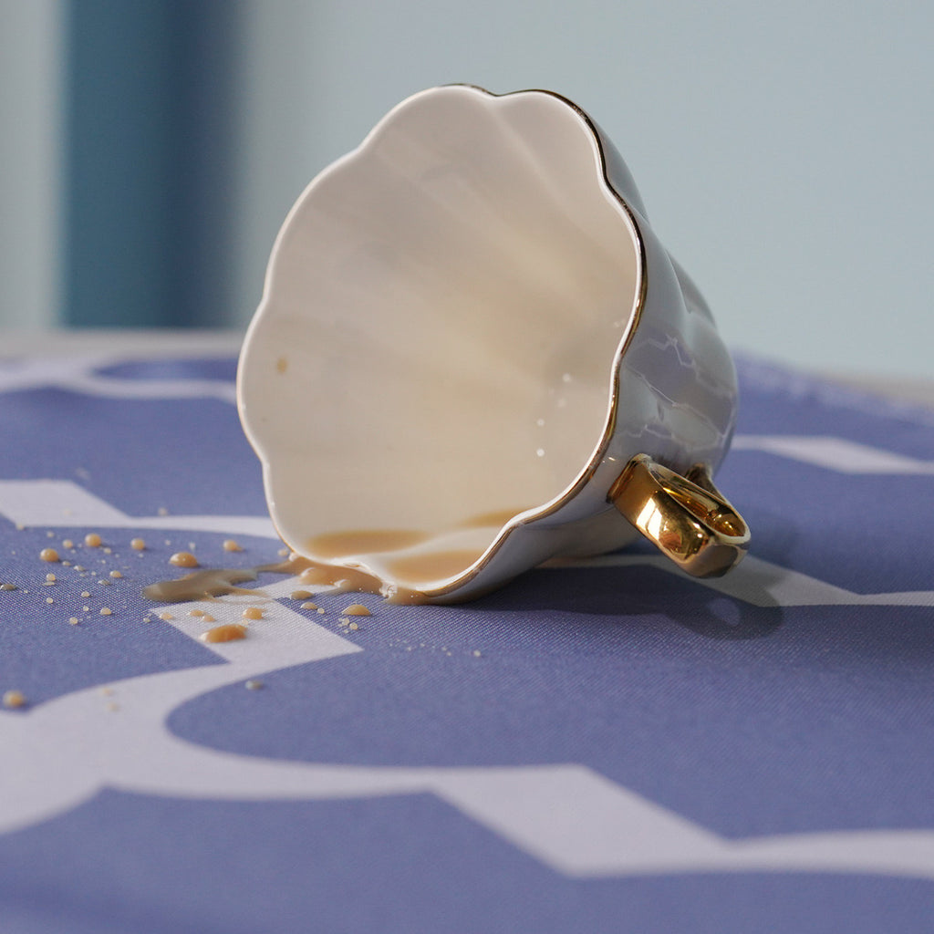 70" Round Premium Waterproof Polyester Tablecloth - Blue with White Geometic Cross & Star Shapes
