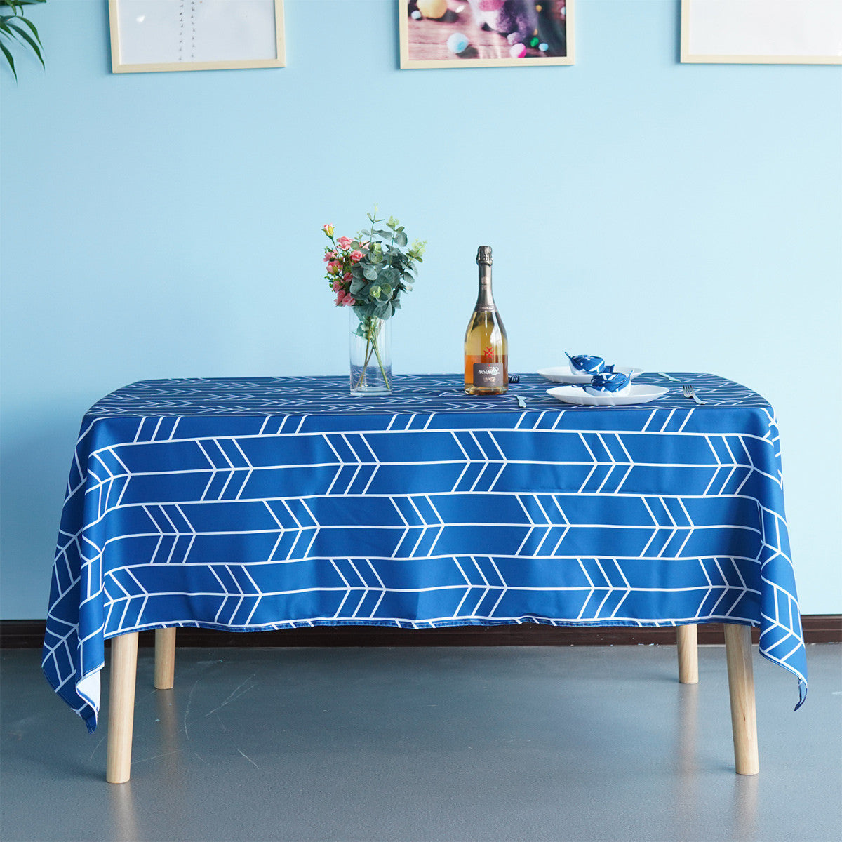 60" x 84" Rectangle Premium Waterproof Polyester Tablecloth - Blue with White Arrows