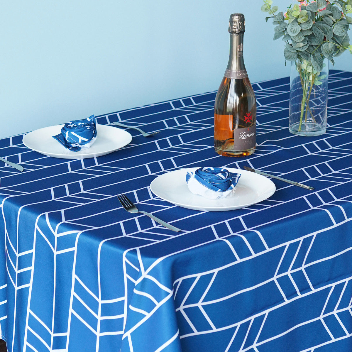 60" x 84" Rectangle Premium Waterproof Polyester Tablecloth - Blue with White Arrows