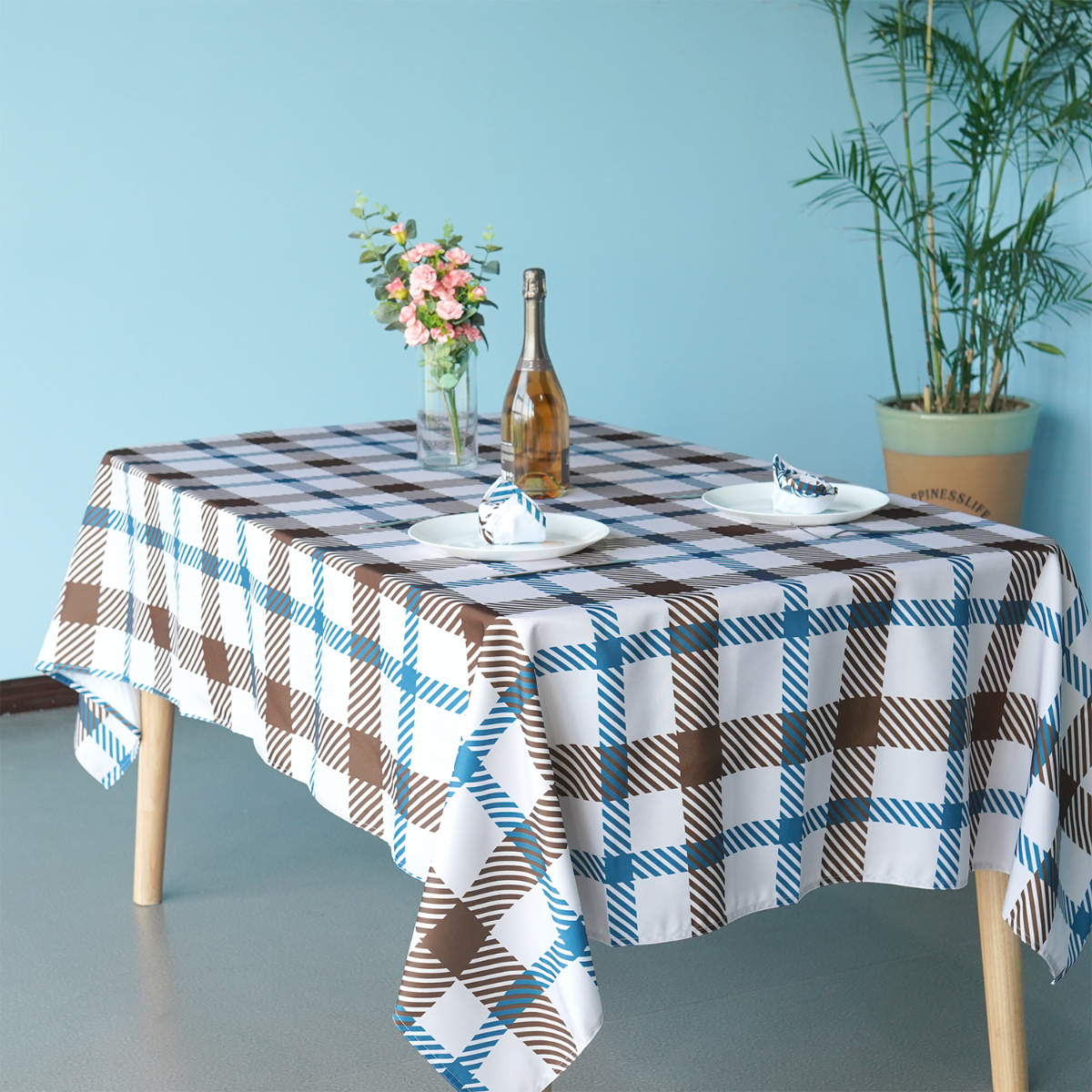60" x 84" Rectangle Premium Waterproof Polyester Tablecloth - Brown & Blue Tartan