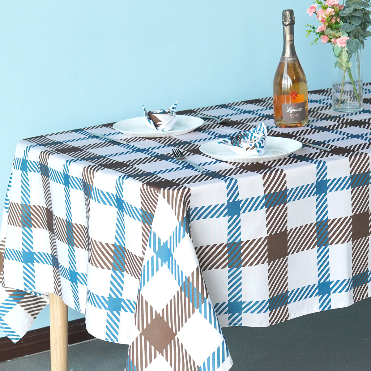 60" x 84" Rectangle Premium Waterproof Polyester Tablecloth - Brown & Blue Tartan
