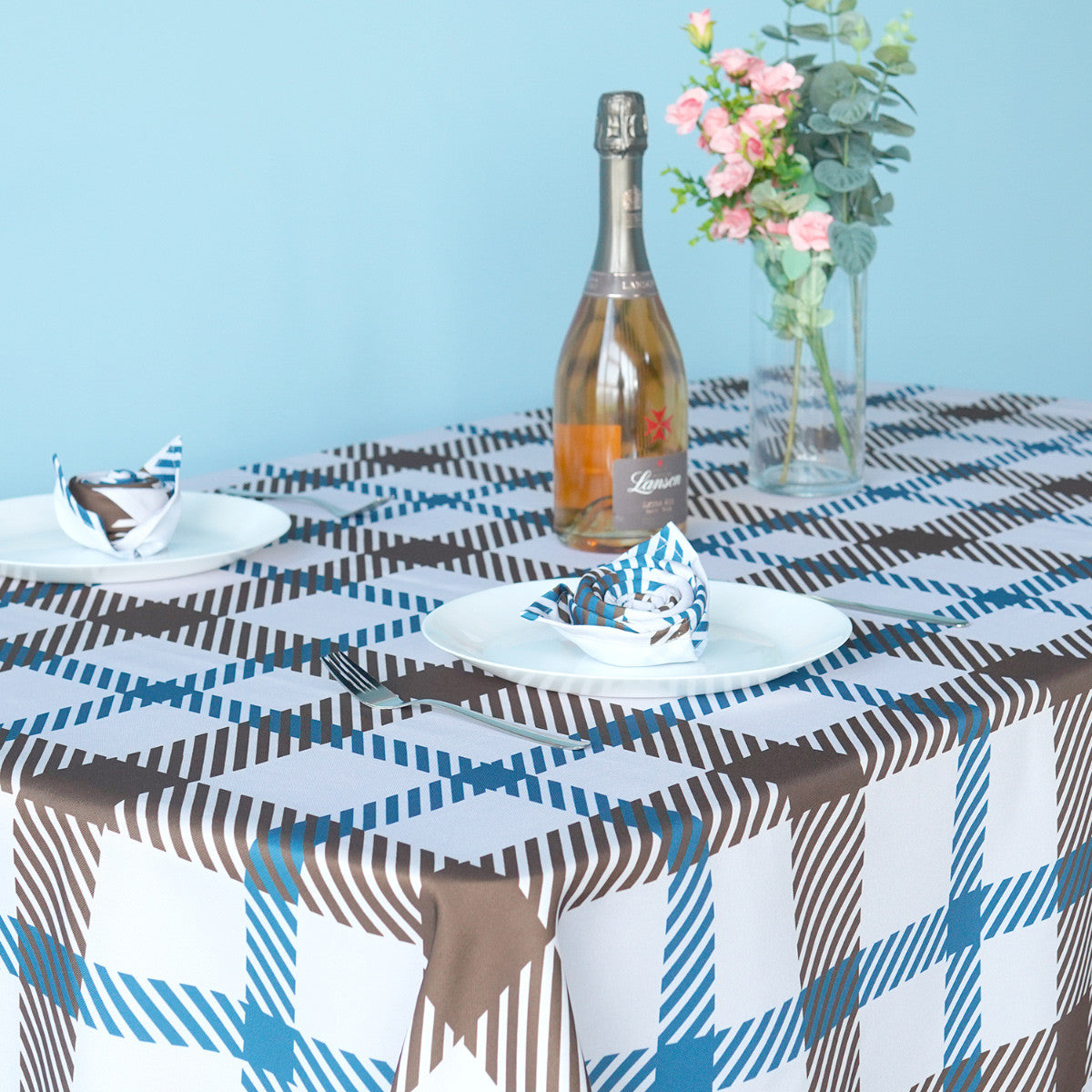 60" x 84" Rectangle Premium Waterproof Polyester Tablecloth - Brown & Blue Tartan