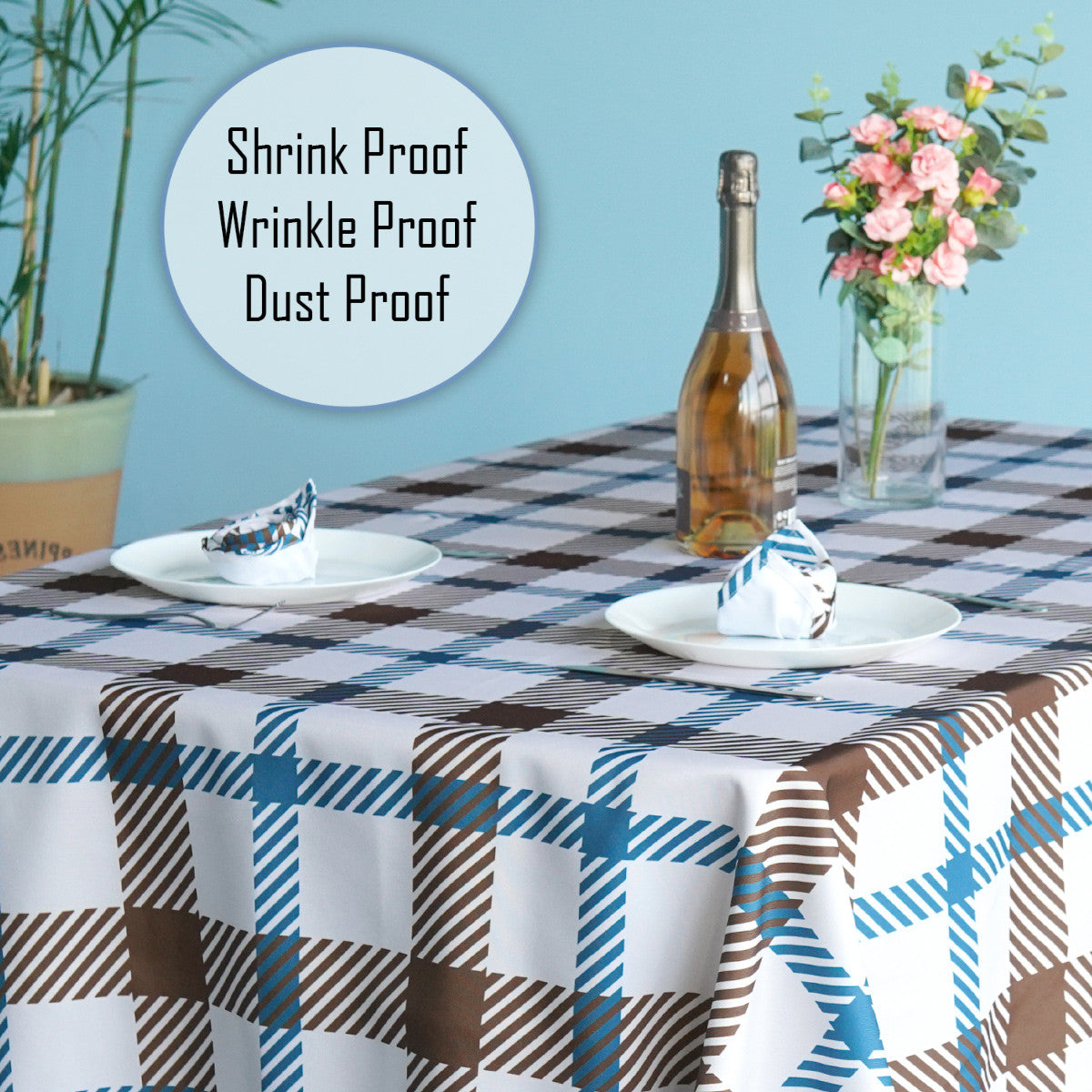 60" x 84" Rectangle Premium Waterproof Polyester Tablecloth - Brown & Blue Tartan