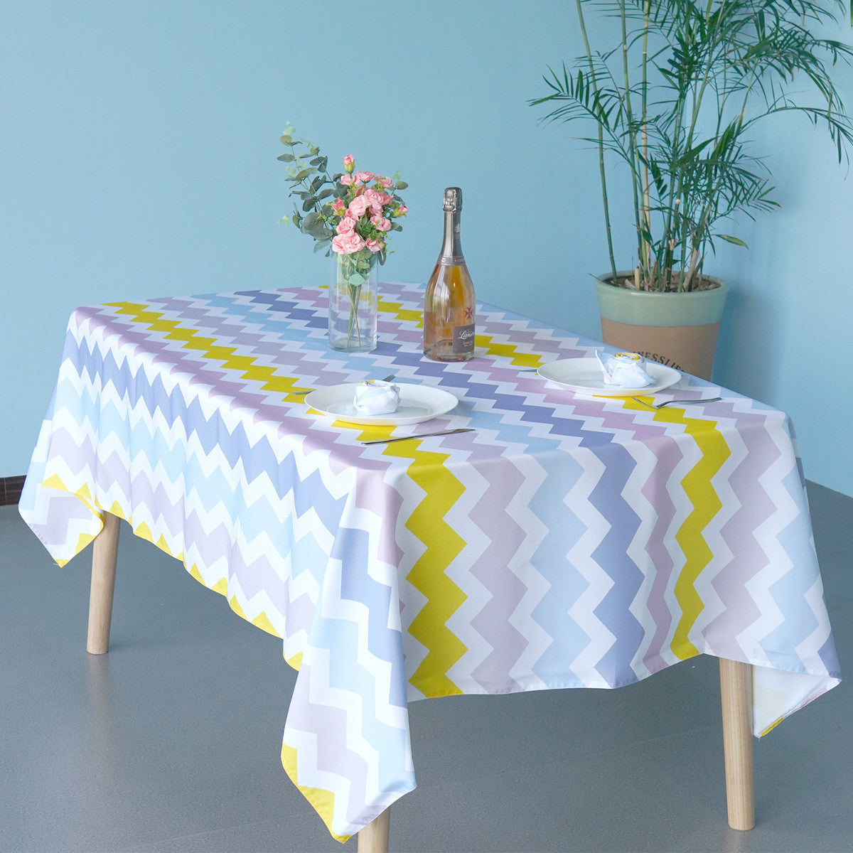 60" x 84" Rectangle Premium Waterproof Polyester Tablecloth - Multicoloured Zig-Zag