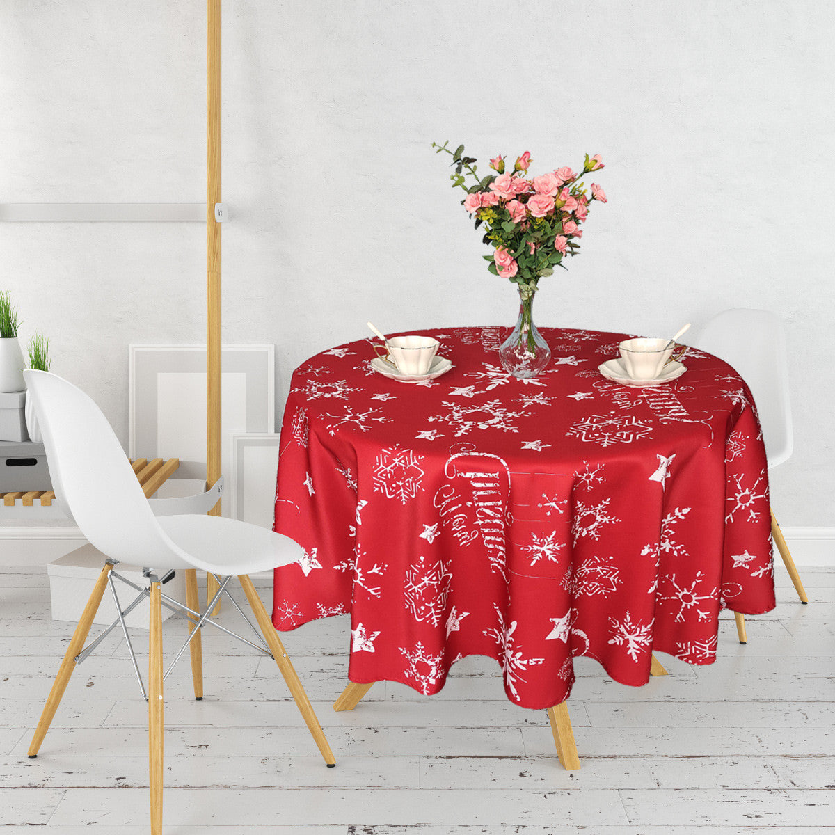 70" Round Christmas Snowflakes & Stars Print Polyester Wipe Clean Tablecloth - Red