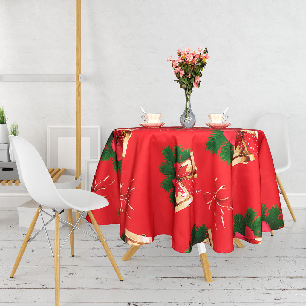 70" Round Christmas Jingle Bells Print Polyester Wipe Clean Tablecloth