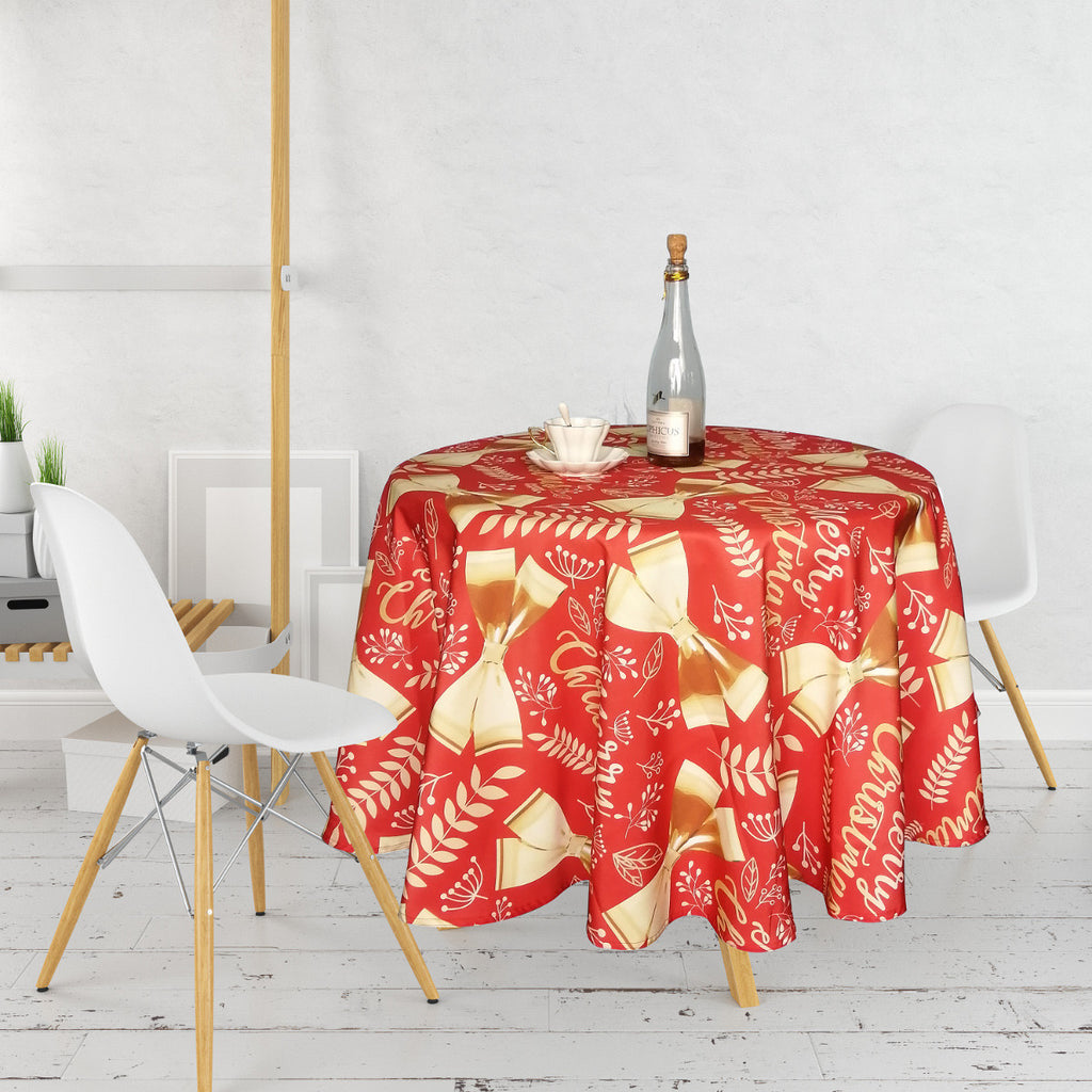 70" Round Christmas Ribbon & Leaf Print Polyester Wipe Clean Tablecloth - Red & Gold