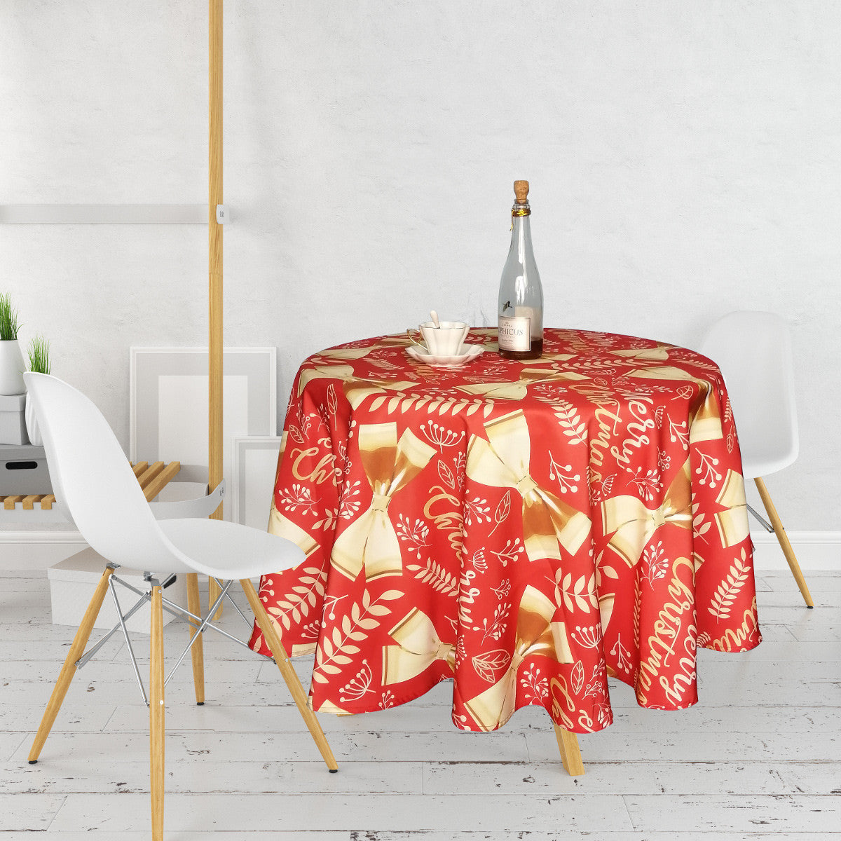 70" Round Christmas Ribbon & Leaf Print Polyester Wipe Clean Tablecloth - Red & Gold