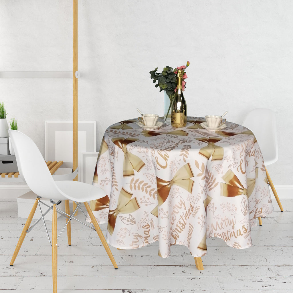 70" Round Christmas Ribbon & Leaf Print Polyester Wipe Clean Tablecloth - White & Gold