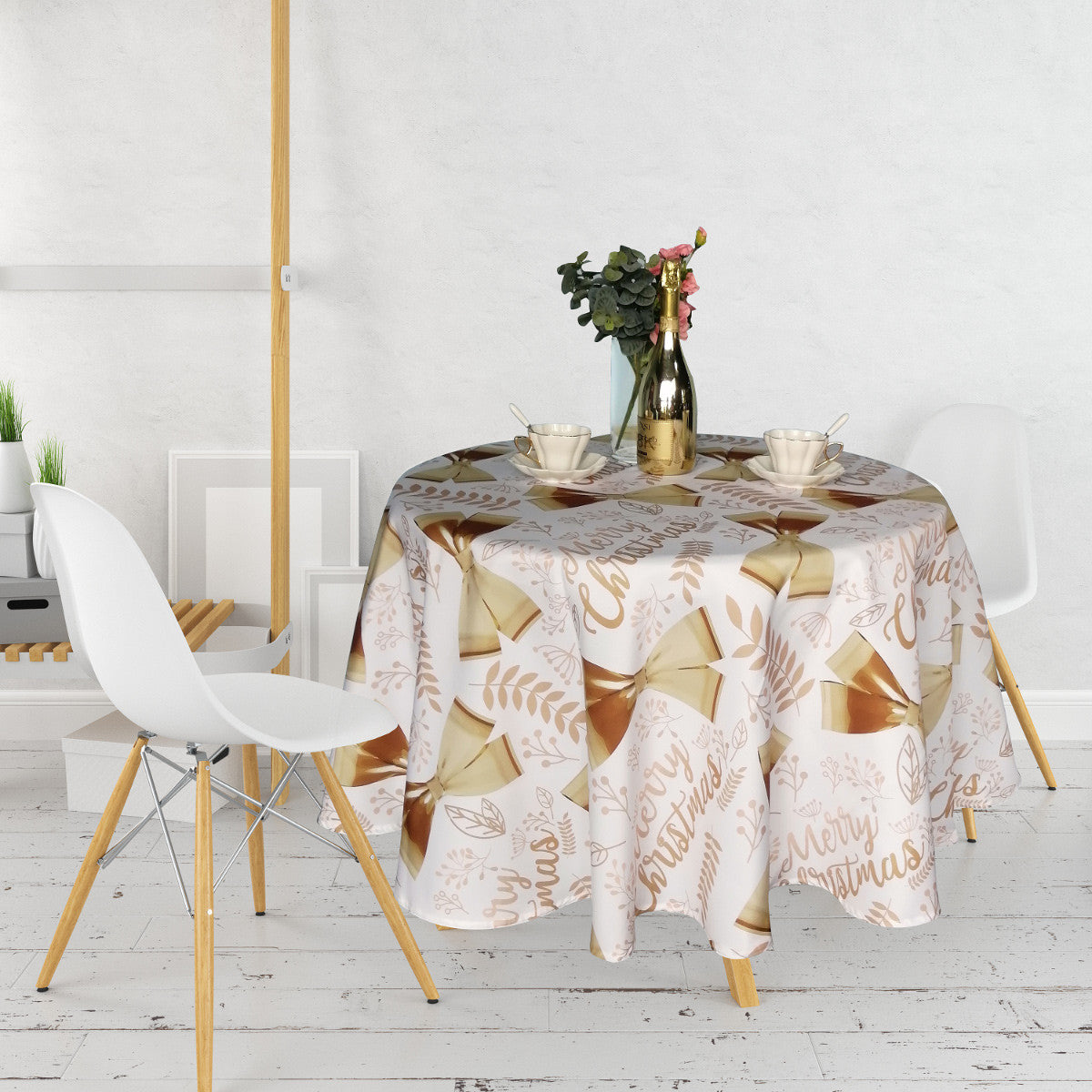 70" Round Christmas Ribbon & Leaf Print Polyester Wipe Clean Tablecloth - White & Gold