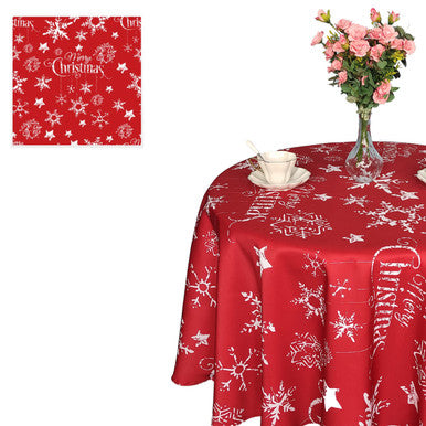 70" Round Christmas Snowflakes & Stars Print Polyester Wipe Clean Tablecloth - Red