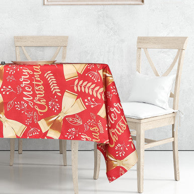 60" x 84" Rectangle Christmas Ribbon & Leaf Print Polyester Wipe Clean Tablecloth - Red & Gold