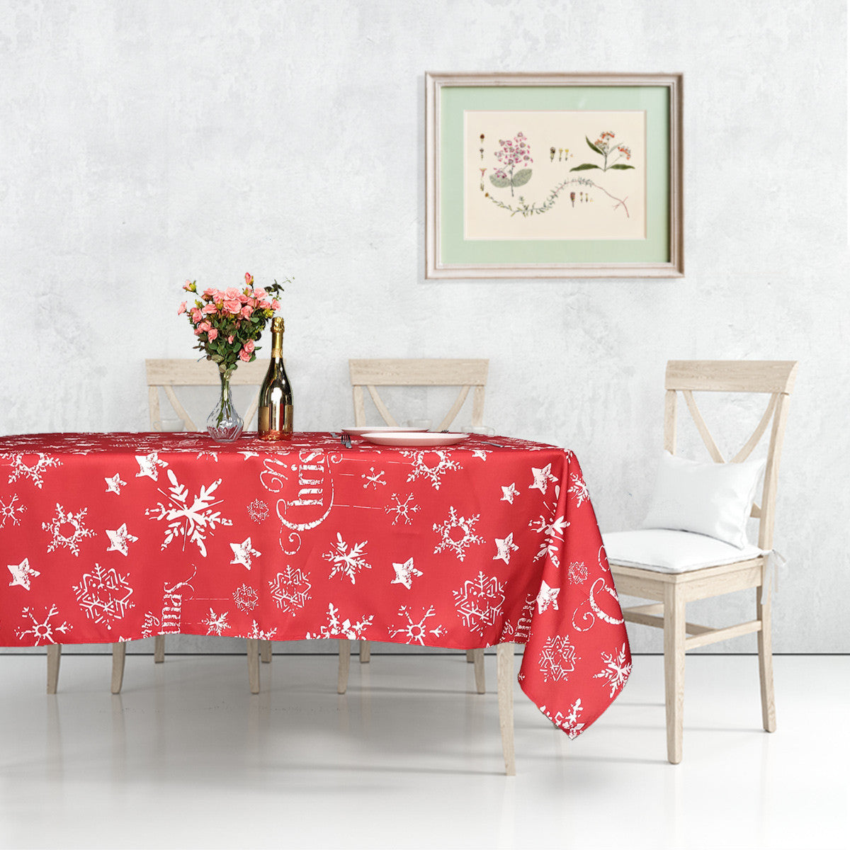 60" x 84" Rectangle Christmas Snowflakes & Stars Print Polyester Wipe Clean Tablecloth - Red