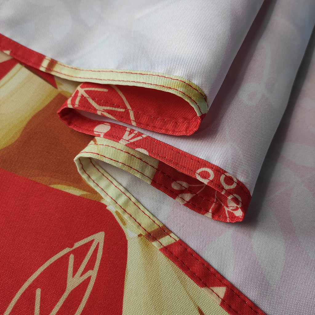 60" x 84" Rectangle Christmas Ribbon & Leaf Print Polyester Wipe Clean Tablecloth - Red & Gold