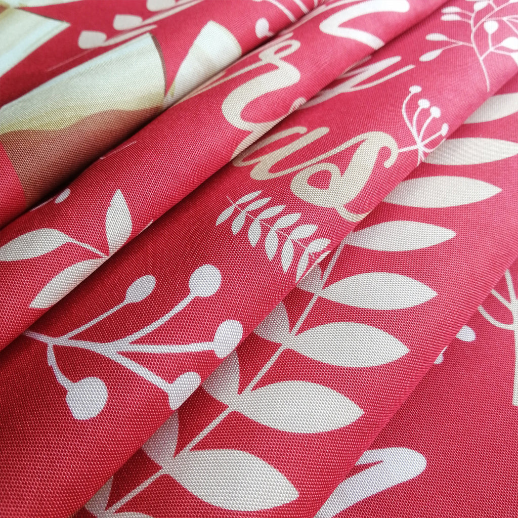60" x 84" Rectangle Christmas Ribbon & Leaf Print Polyester Wipe Clean Tablecloth - Red & Gold