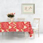 60" x 84" Rectangle Christmas Ribbon & Leaf Print Polyester Wipe Clean Tablecloth - Red & Gold