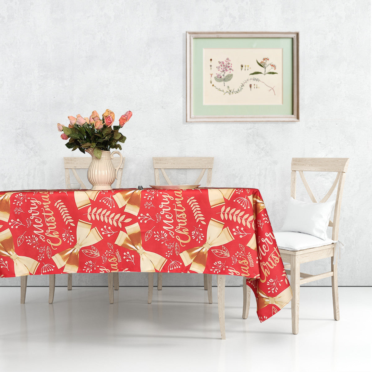 60" x 84" Rectangle Christmas Ribbon & Leaf Print Polyester Wipe Clean Tablecloth - Red & Gold