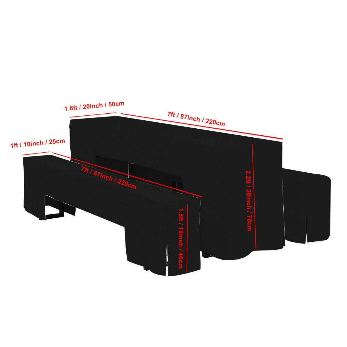 7ft Table & Bench Polyester Cover Set - Black