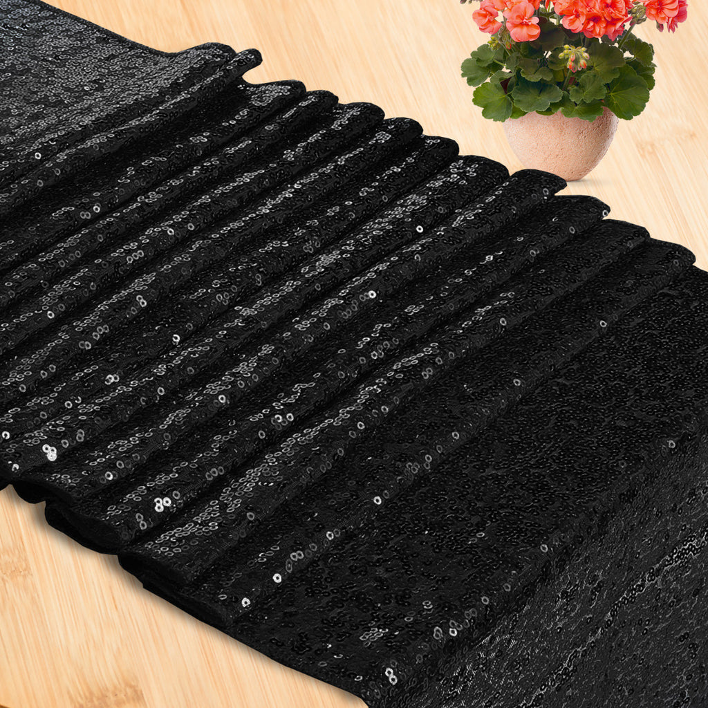 30cm x 274cm Shiny Sequin Table Runner - Black