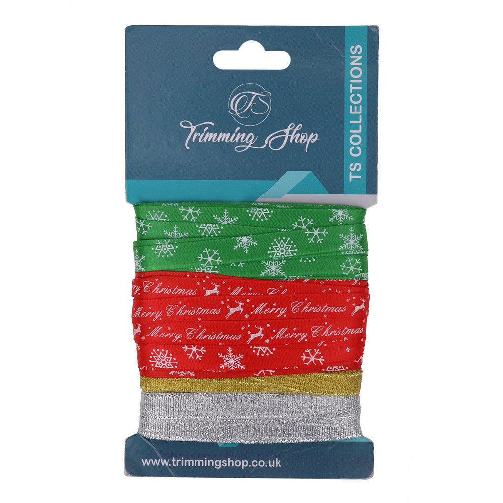10mm x 9m Christmas Themed Printed Grosgrain Ribbons, 5 Rolls - Assorted Designs