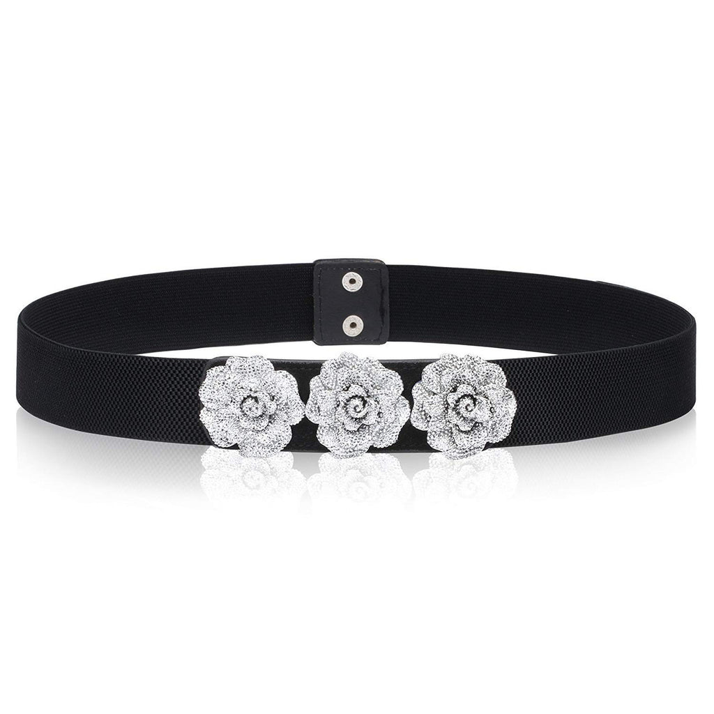 Tea Flower Buckle Belt with Three Roses - Elasticated