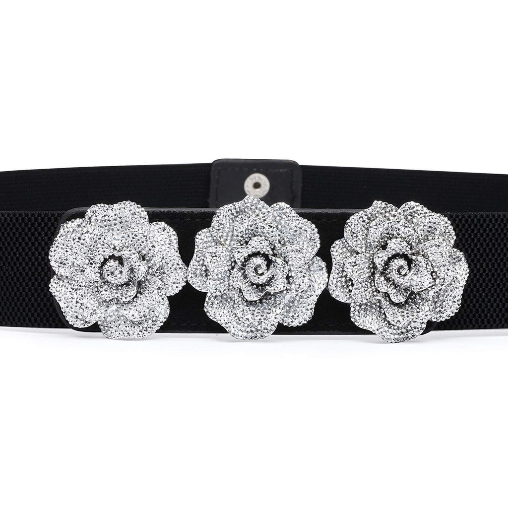 Tea Flower Buckle Belt with Three Roses - Elasticated
