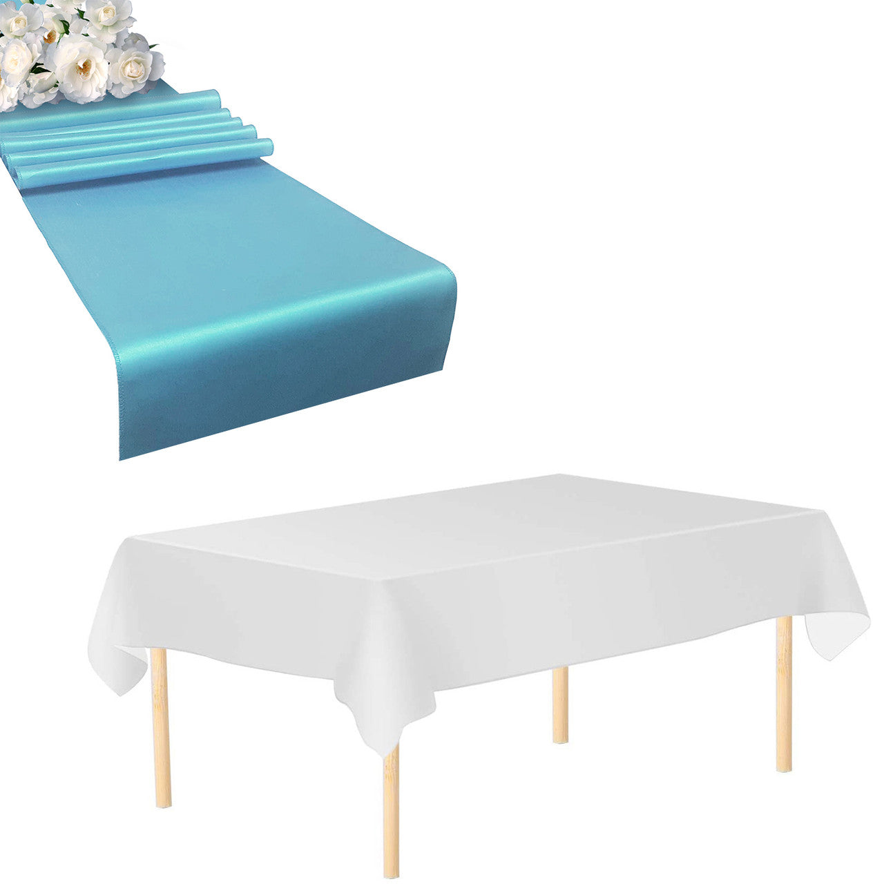 Plastic Tablecloth and Satin Table Runner Set - White &  Baby Blue