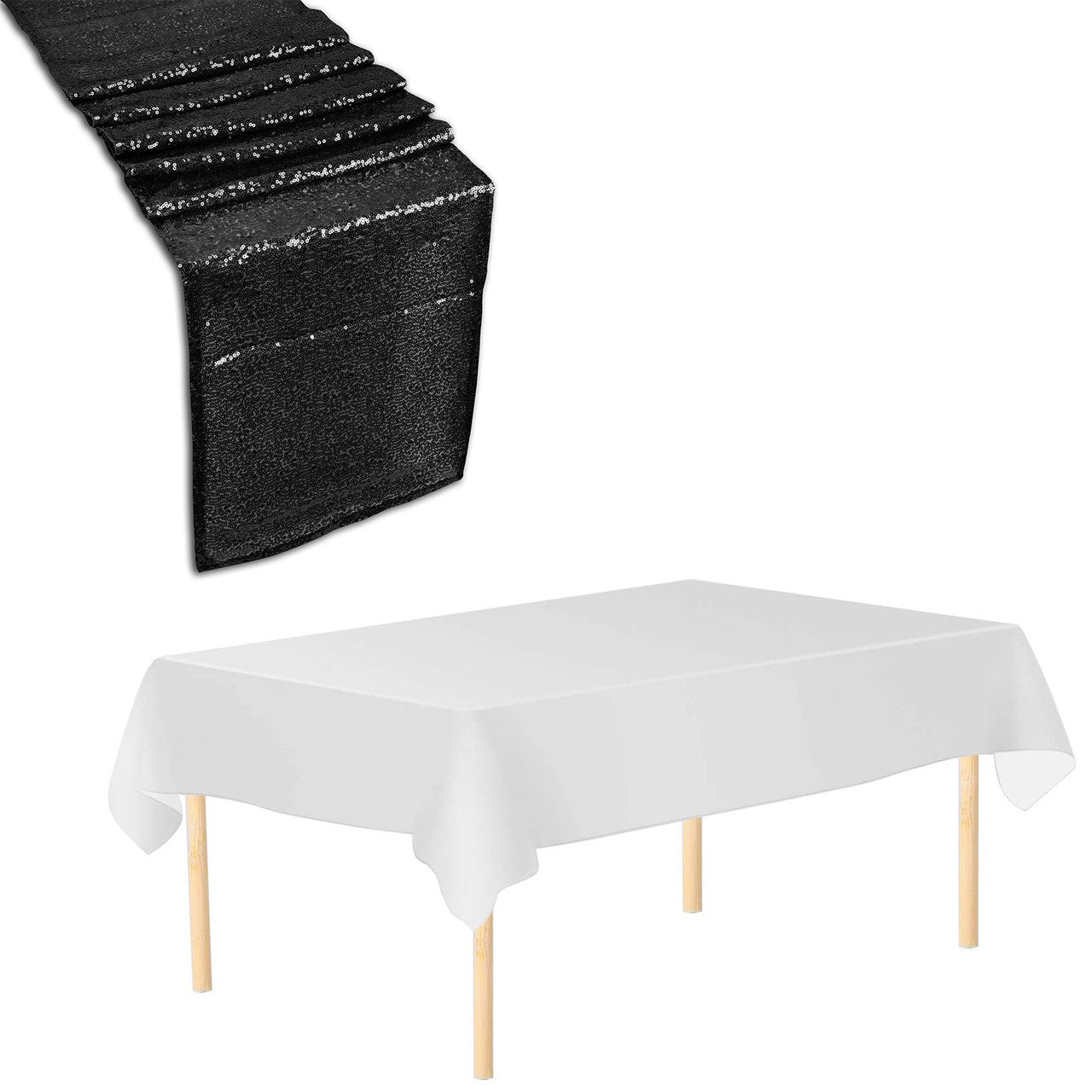 Rectangle Plastic Tablecloth and Sequin Table Runner - White & Black