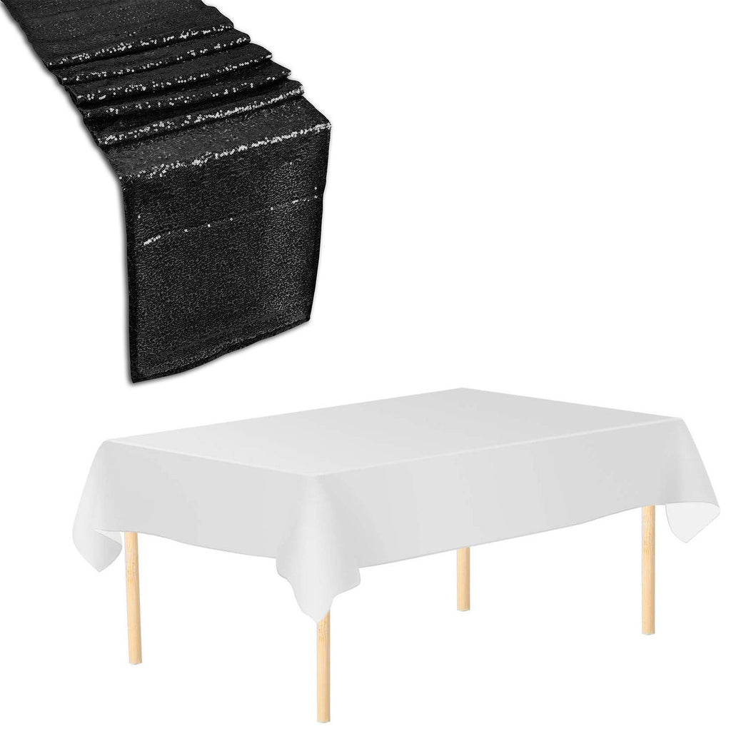 Rectangle Plastic Tablecloth and Sequin Table Runner - White & Black