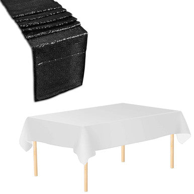 Rectangle Plastic Tablecloth and Sequin Table Runner - White & Black