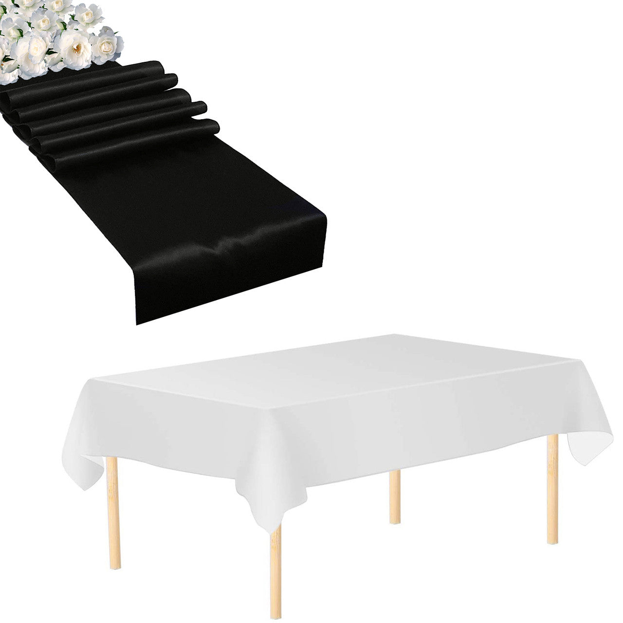 Plastic Tablecloth and Satin Table Runner Set - White & Black