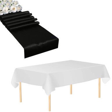 Plastic Tablecloth and Satin Table Runner Set - White & Black