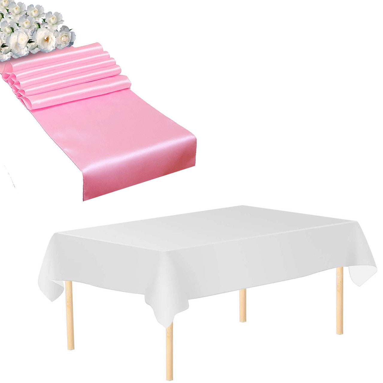 Plastic Tablecloth and Satin Table Runner Set - White &  Baby Pink