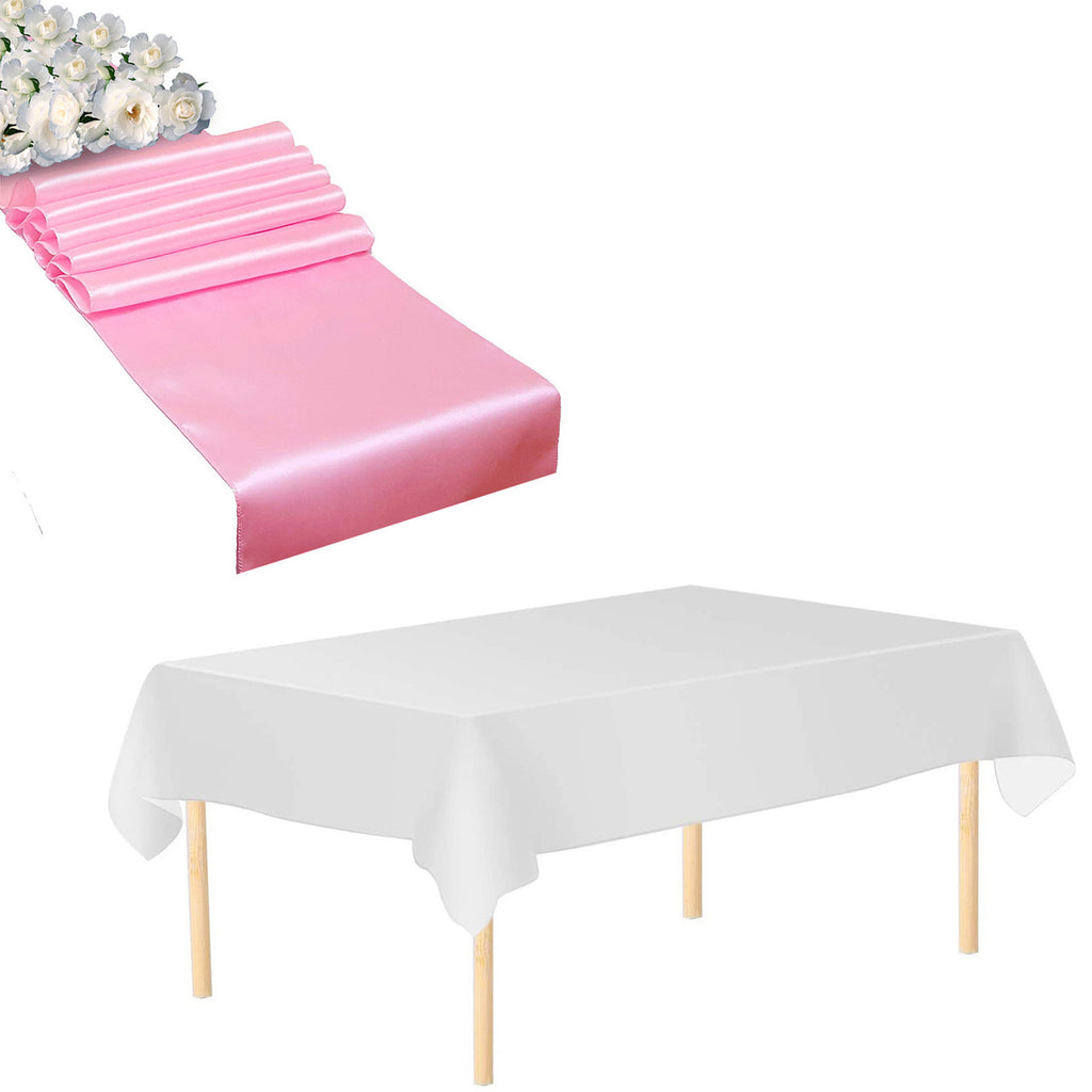 Plastic Tablecloth and Satin Table Runner Set - White &  Baby Pink